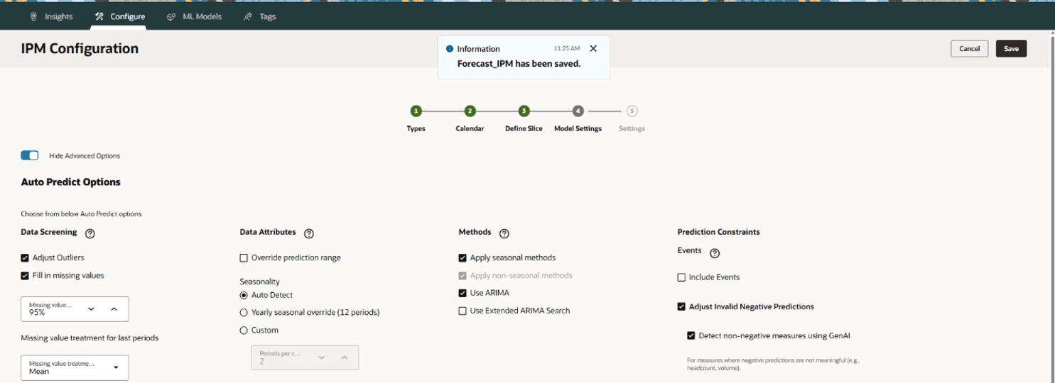 Configuring Auto Predict options, including data screening, seasonality, methods, and prediction constraints
