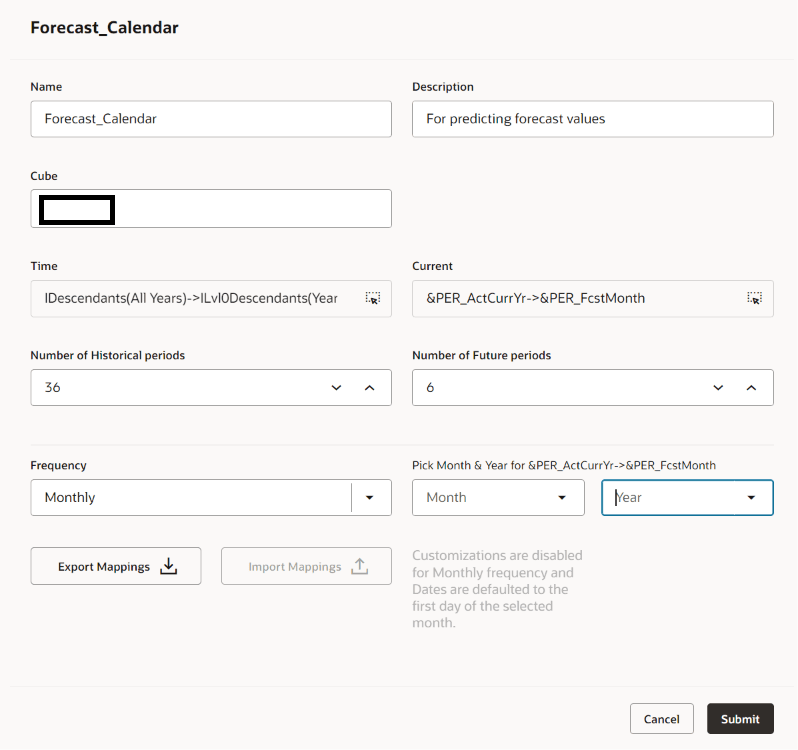 Configuring the calendar, cube, current period, historical periods, and future periods