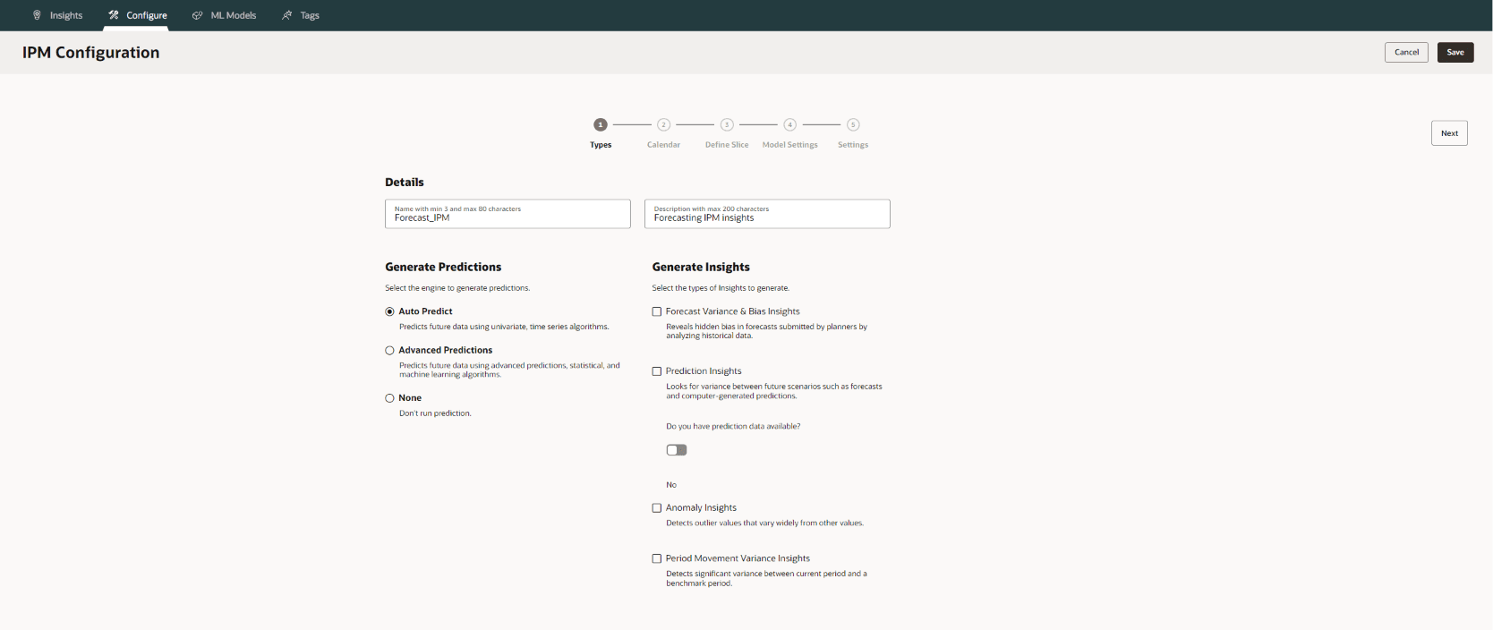 Entering the configuration details and selecting Auto Predict under Generate Predictions