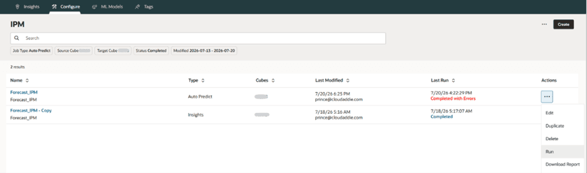 IPM job status on the configuration page