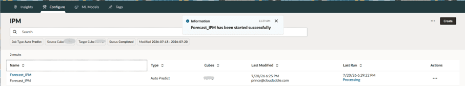 Opening the Actions menu for the Auto Predict configuration and selecting Run