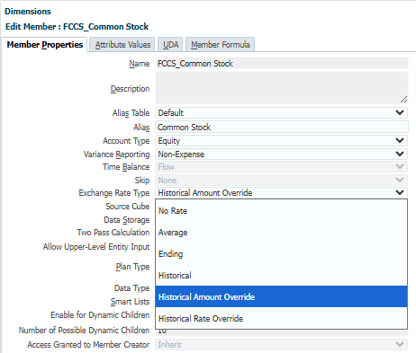 Oracle FCCS Member Properties for FCCS_Common Stock, with the Exchange Rate Type field set to Historical Amount Override