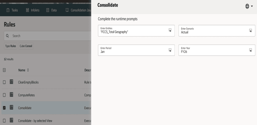 Elimination view table with the Data Source and Consolidation dimension member trees