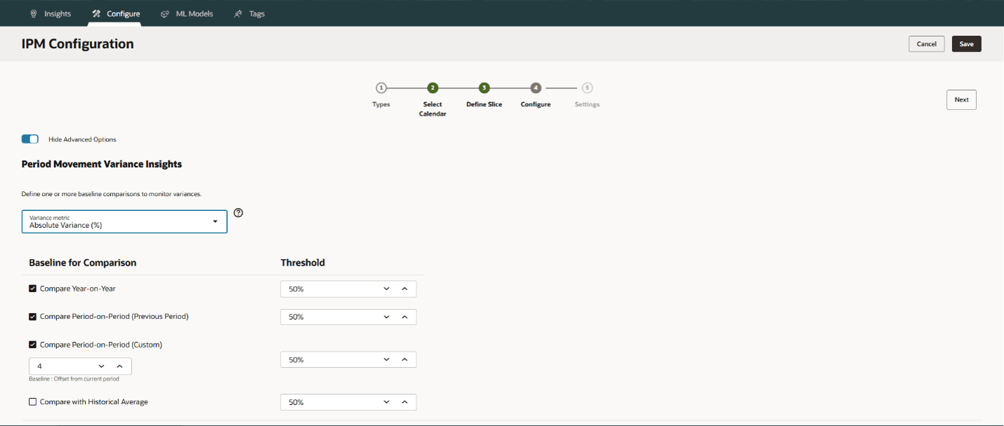 Configured variance exceeding the applicable threshold for the selected comparison