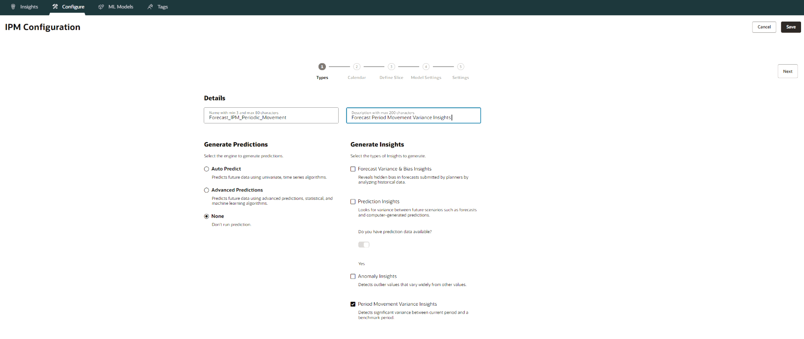 Entering the configuration details and selecting Period Movement Variance Insights under Generate Insights