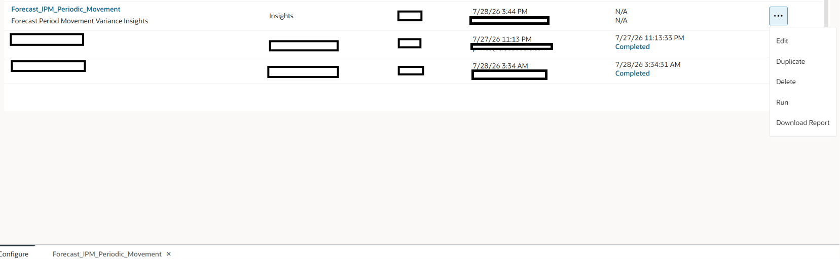 Running the configured Period Movement Variance Insight