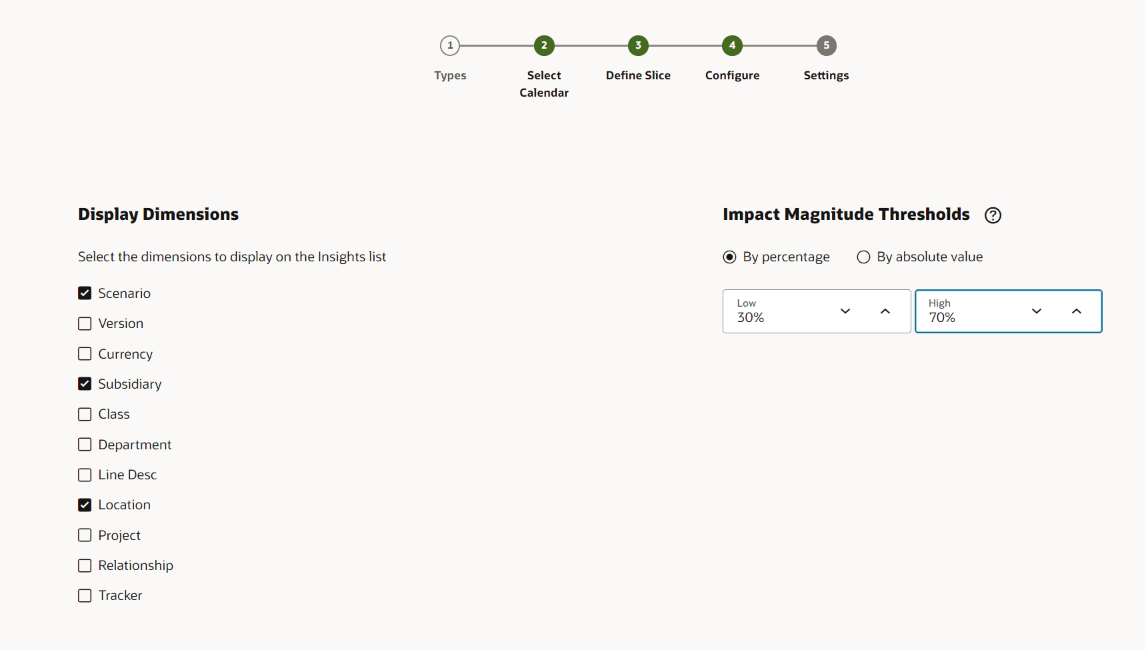 Selecting the dimensions to display in the Insights list and configuring Impact Magnitude thresholds