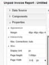 The Properties panel, showing page margins and page width settings for the report layout
