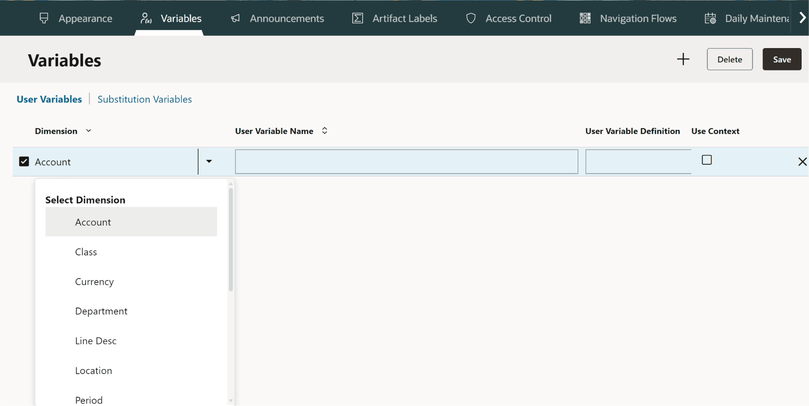 User Variables setup in Oracle EPM Cloud