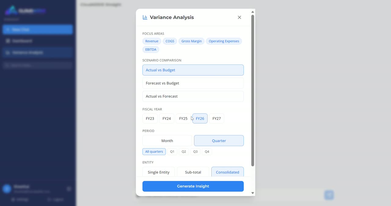 The XInsight variance analysis panel: an executive summary, drivers ranked by impact, and the full variance table beneath